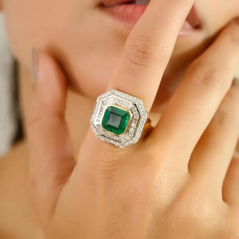 Precious Gemstone Cushion Cut Emerald & Diamond 14K Yellow Gold Bold Wedding Ring