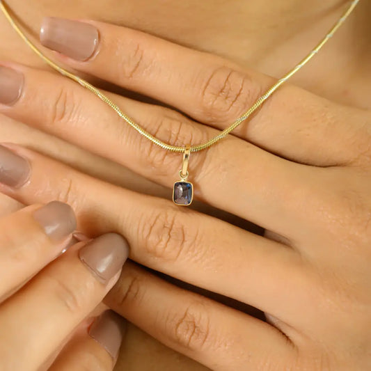 Delicate Small Octagon Cut Blue Sapphire Minimal Single Stone Pendant 14K Yellow Gold