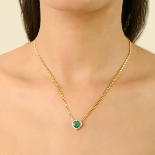 Heart Shape Gemstone Emerald & Diamond Cuban Chain Pendant Necklace 14K Solid Yellow Gold