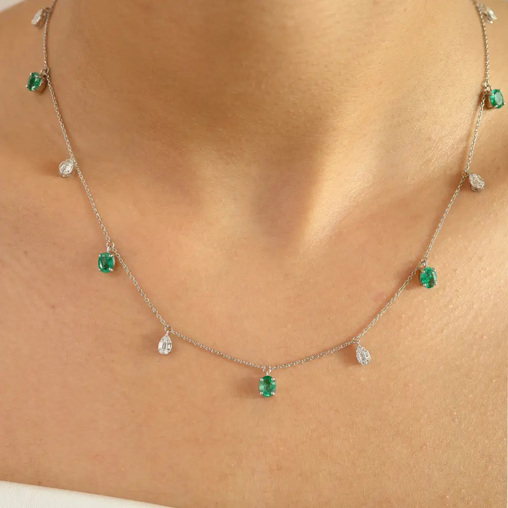 Elegant Design 14K White Gold Emerald & Diamond Stacking Charm Necklace Everyday Jewelry