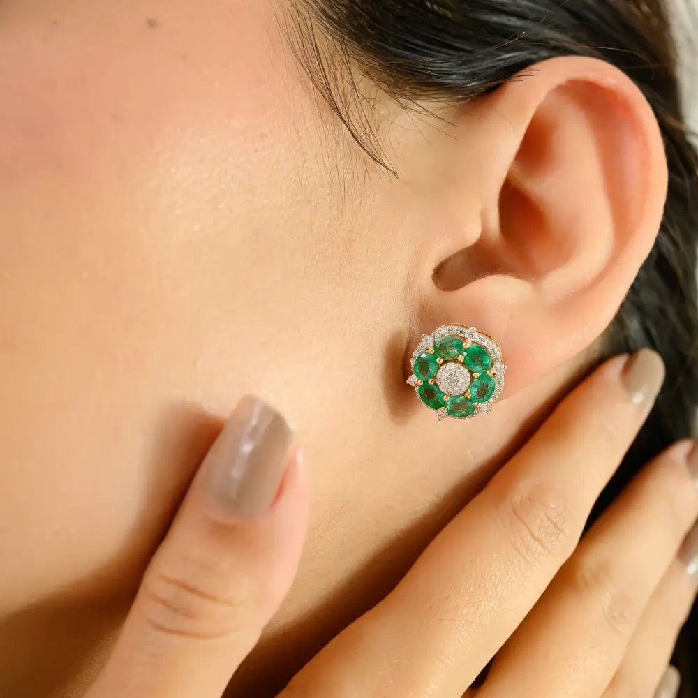 Flower Inspired Emerald & Diamond Statement Stud Earrings Fine 18K Yellow Gold Jewelry
