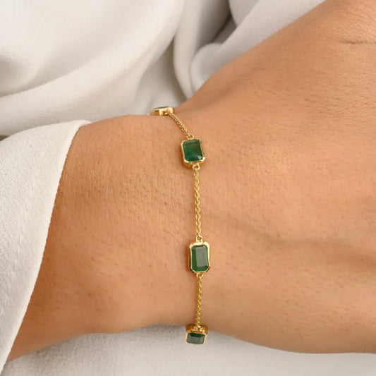 Handmade Jewelry May Birthstone Emerald 14K Solid Yellow Gold Chain Bracelet