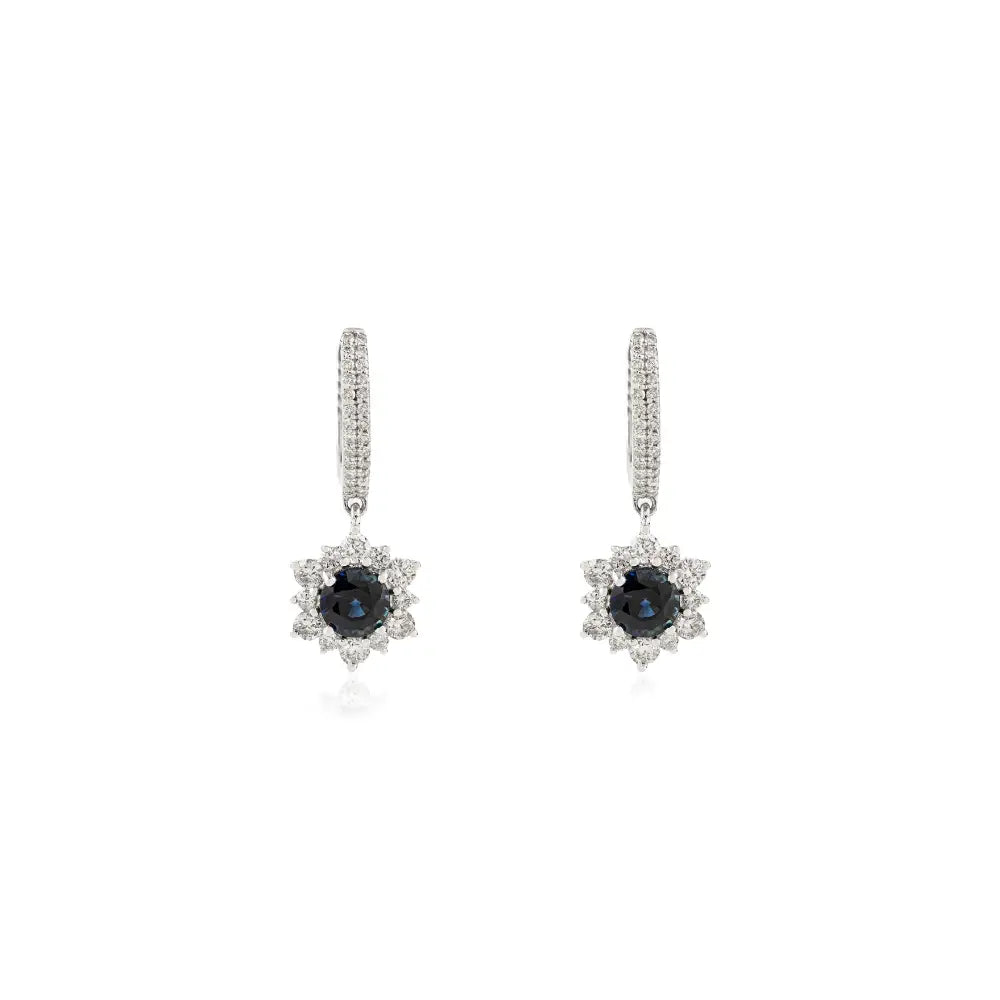 Unique Design Blue Sapphire & Diamond 14K Solid Gold Cluster Charm Hoop Drop Earrings