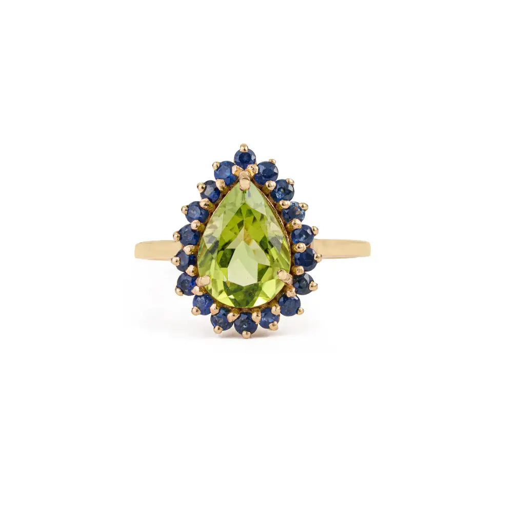 100% Natural Blue Sapphire & Peridot Real 18K Yellow Gold Pear Shape Cluster Ring