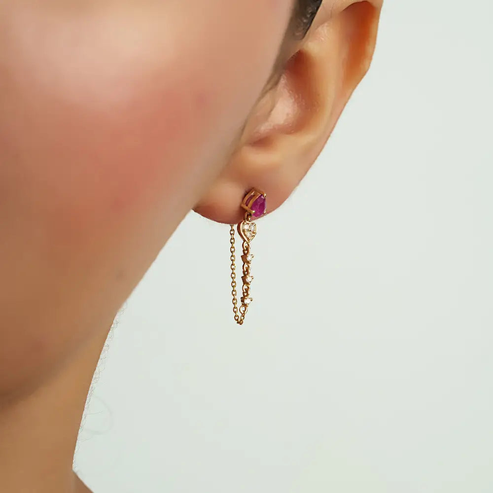 Precious Gemstone Ruby & Diamond Chain Loop Drop Earrings Solid K14 White Gold Jewelry