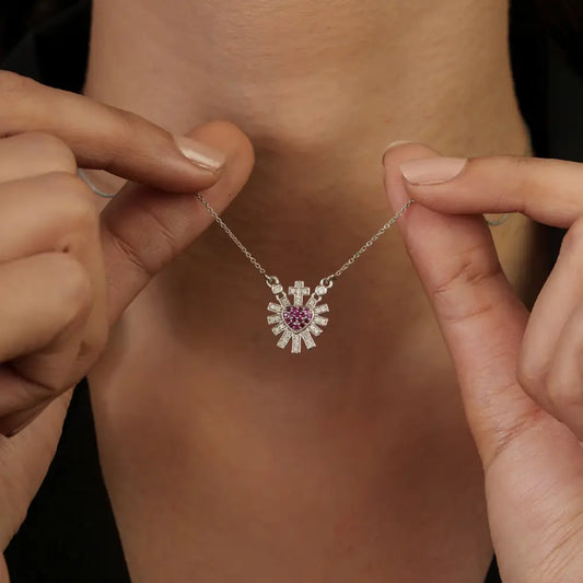 Real Ruby & Diamond Sacred Heart Sunburst Pendant Necklace Unique Design 14K White Gold