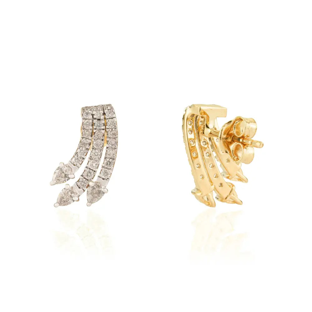 Unique Design Natural Diamond Wings Shape Stud Earrings 14K Real Yellow Gold Fine Jewelry