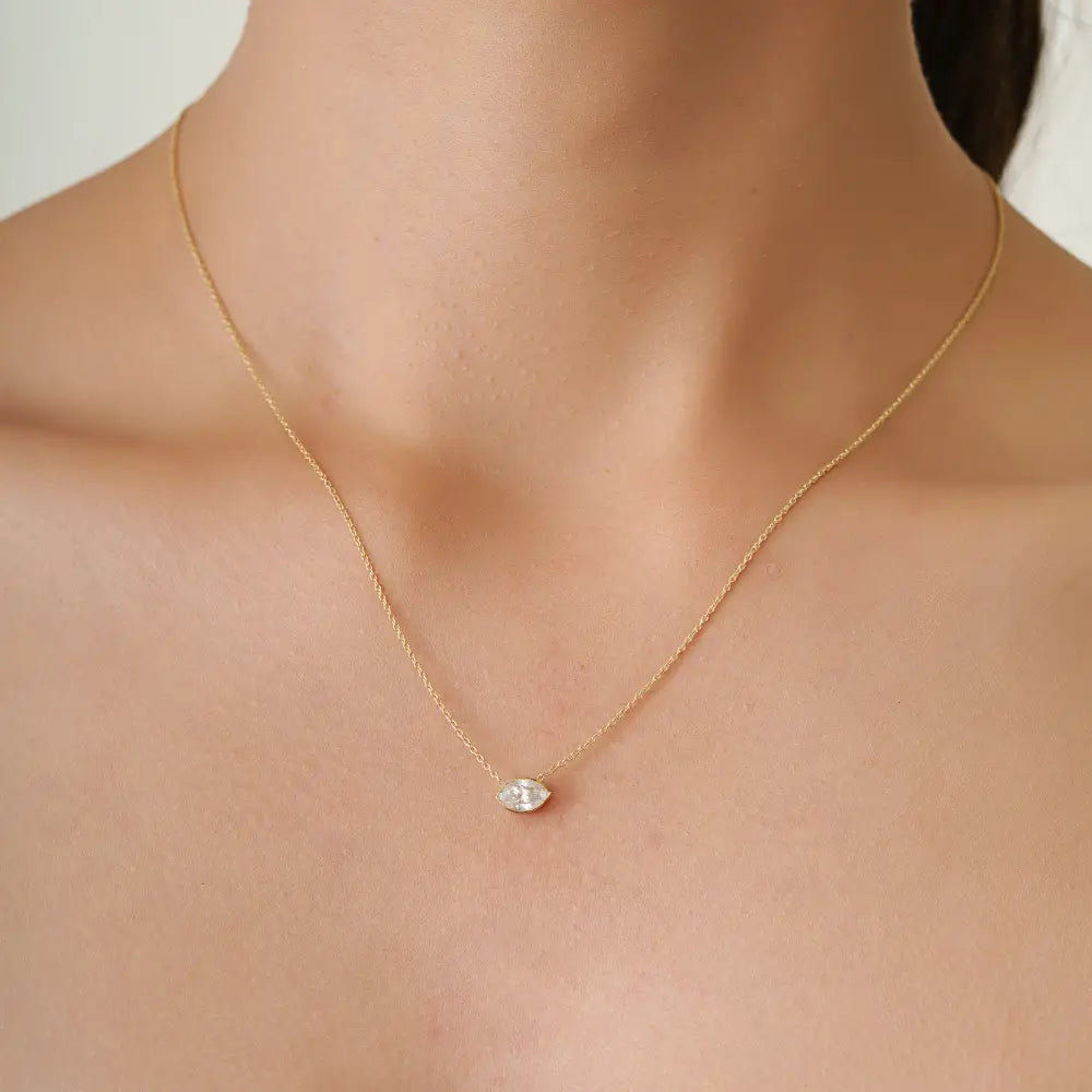 Marquise Cut Diamond Solitaire Pendant Necklace Pure K14 Yellow Gold Stacking Jewelry