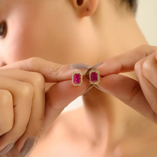 100% Authentic Ruby & Diamond Fine 18K Yellow Gold Halo Cluster Stud Earrings For Mom