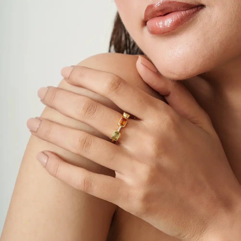Elegant Design 14K Solid Yellow Gold Multi Sapphire & Diamond Three Stone Ring Stack Jewelry