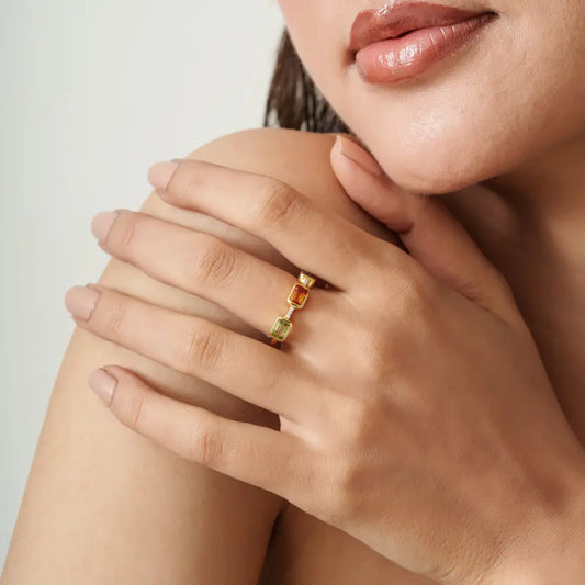 Elegant Design 14K Solid Yellow Gold Multi Sapphire & Diamond Three Stone Ring Stack Jewelry