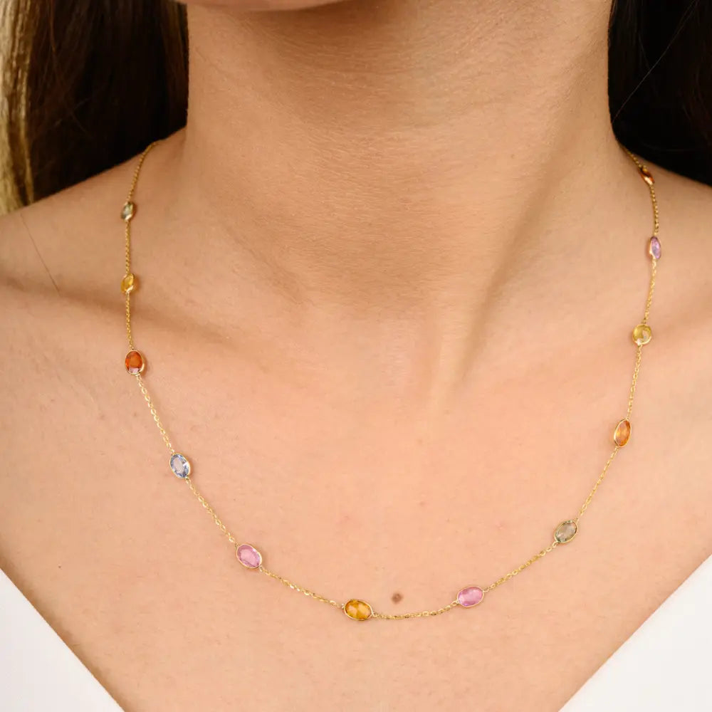 Custom Jewelry Natural Multi Sapphire 18K Fine Yellow Gold Long Chain Necklace