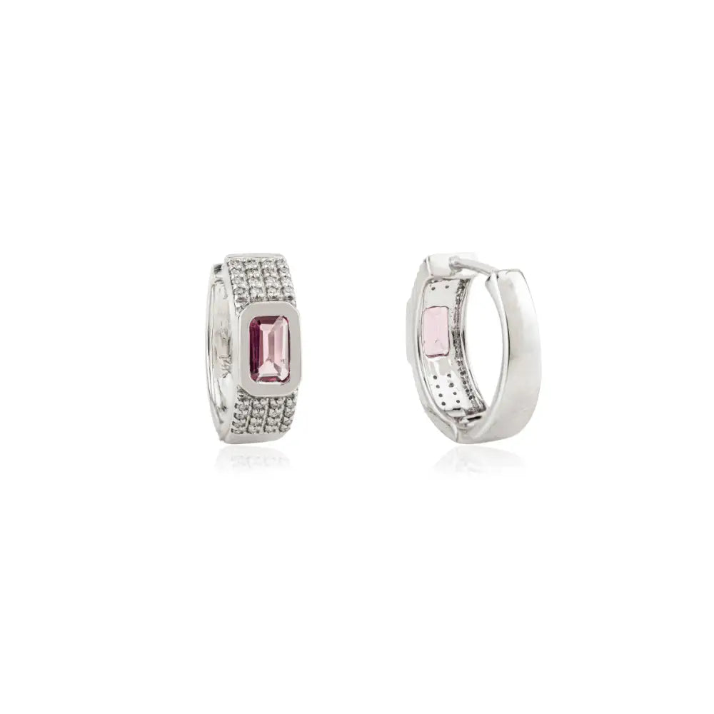 Pink Sapphire & Diamond Russian Lock Trending Hoop Earrings 14K White Gold Fine Jewelry