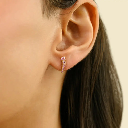 Minimalist Unique Graduated Set Gemstone Pink Sapphire Ear Climber Earrings 14K Gold