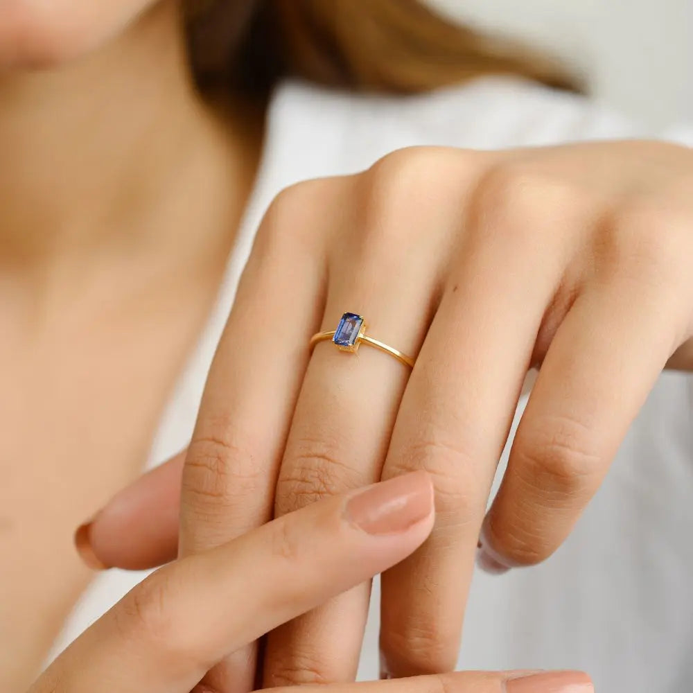 High Quality Natural Blue Sapphire 18K Solid Yellow Gold Stackable Ring