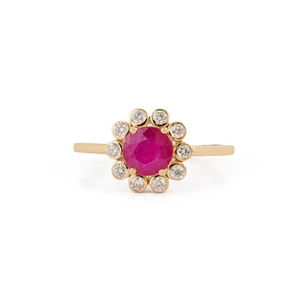 Round Cut Ruby & Diamond Floral Inspired Cluster Ring For Women's 14K Yellow Gold Gift For Her