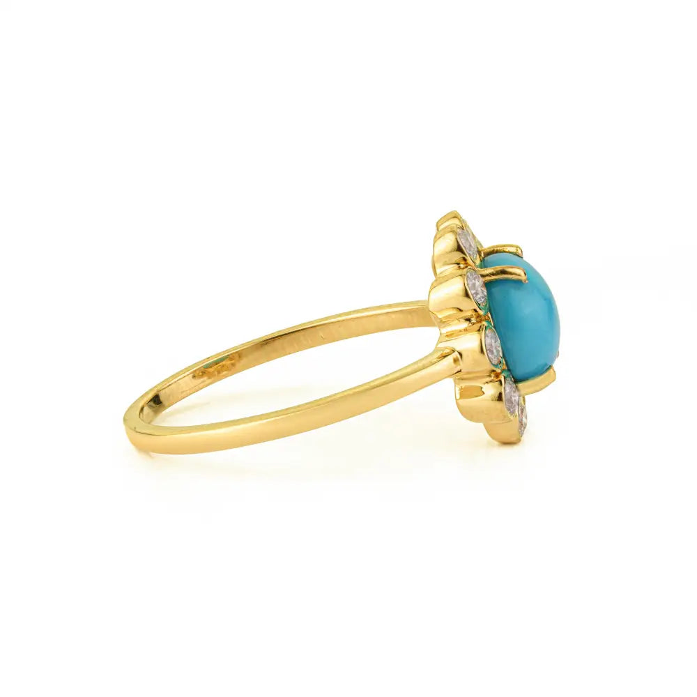 Flower Inspired 14K Yellow Gold 7mm Round Cut Turquoise & Diamond Cluster Ring For Unisex