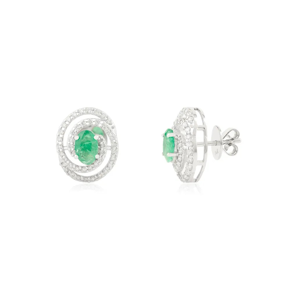 Unique Latest Design Emerald & Diamond Double Halo Spiral Stud Earrings 14K Gold Jewelry