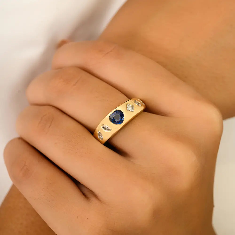 Heart Shape Blue Sapphire & Diamond Gypsy Set Signet Ring Solid K18 Yellow Gold Trendy Jewelry