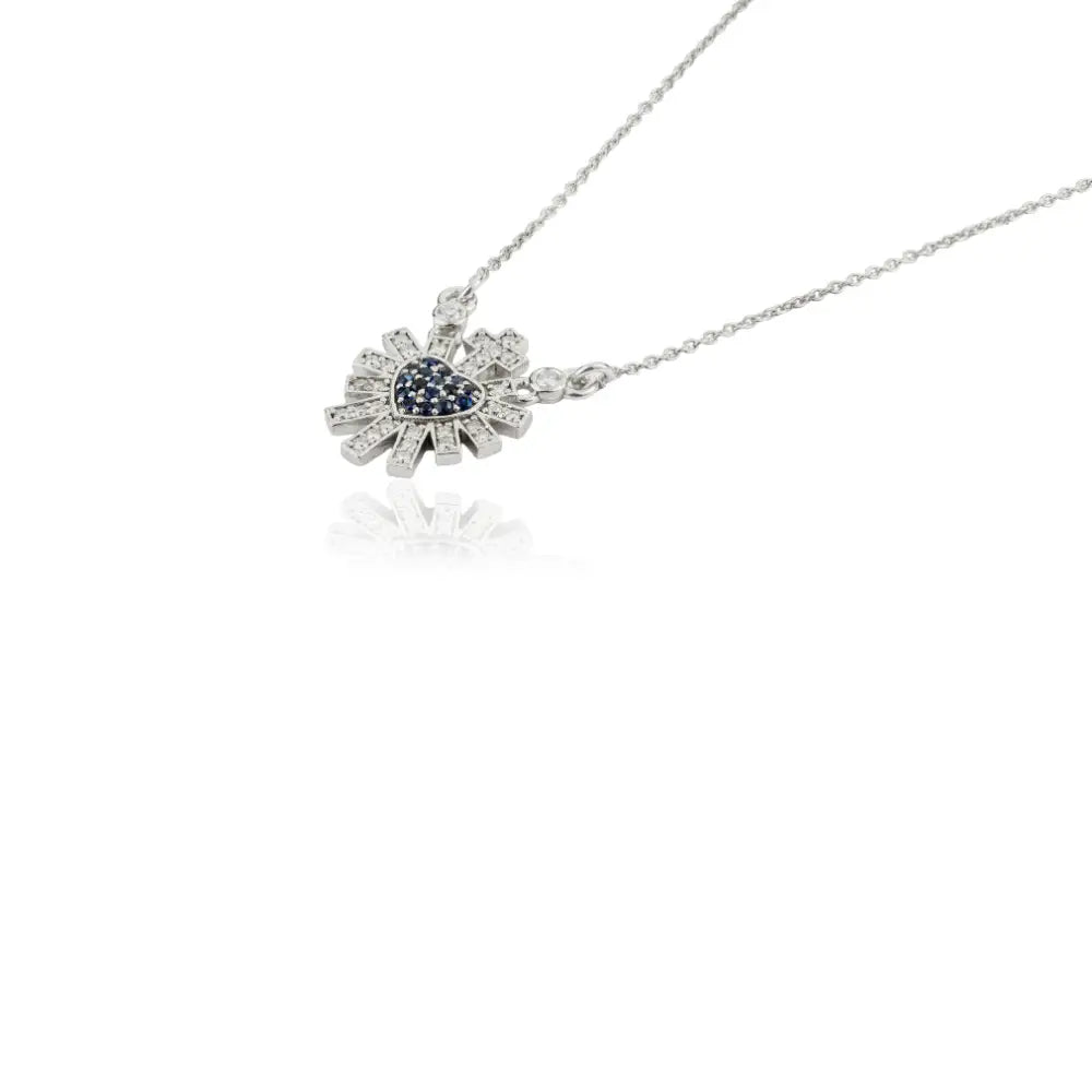 14K Solid White Gold Blue Sapphire & Diamond Sacred Heart Sunburst Pendant Necklace