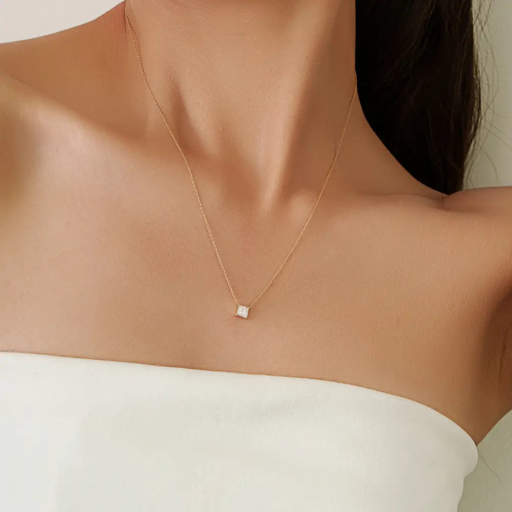 Princes Cut Diamond Solitaire Pendant Necklace Graduation Gift 14K Real Yellow Gold Jewelry