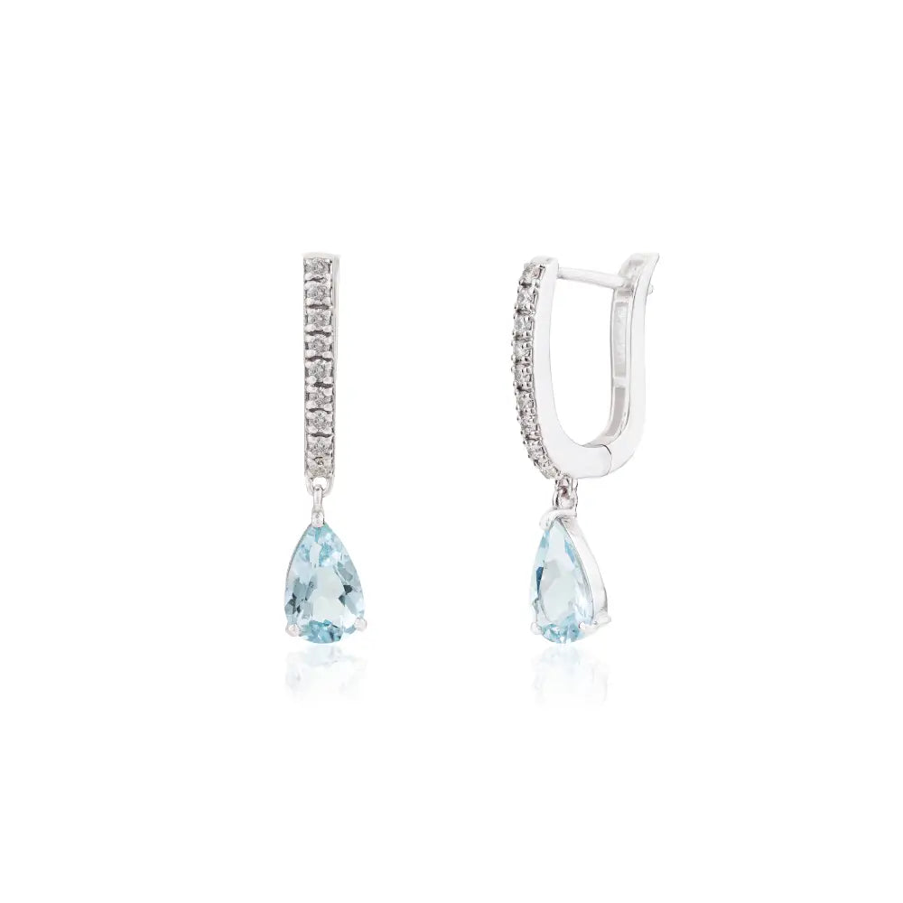 Pear Shape Aquamarine & Diamond Small Hoop Charm Earrings Letch Back 14K White Gold