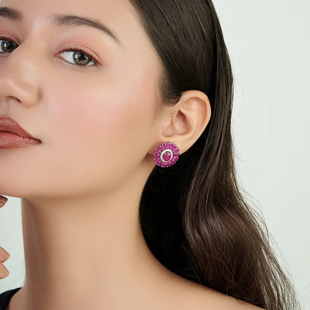 July Birthstone Ruby & Diamond Halo Big Flower Stud Earrings For Women 14K White Gold
