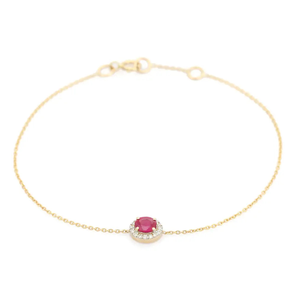 Stunning Precious Gemstone Ruby & Diamond 14K Yellow Gold Solitaire Halo Bracelet Women