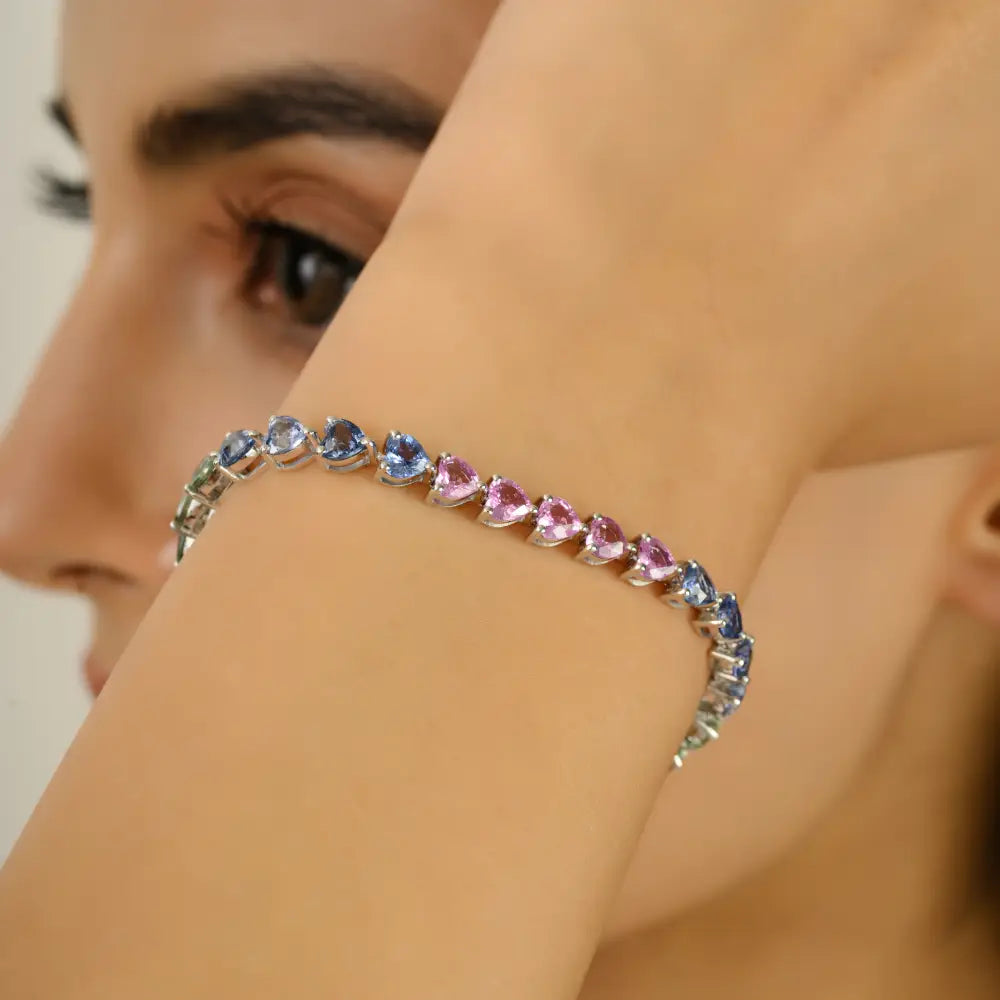 Heart Shape Rainbow Multi Sapphire 14K Solid White Gold Tennis Bracelet Stackable Jewelry