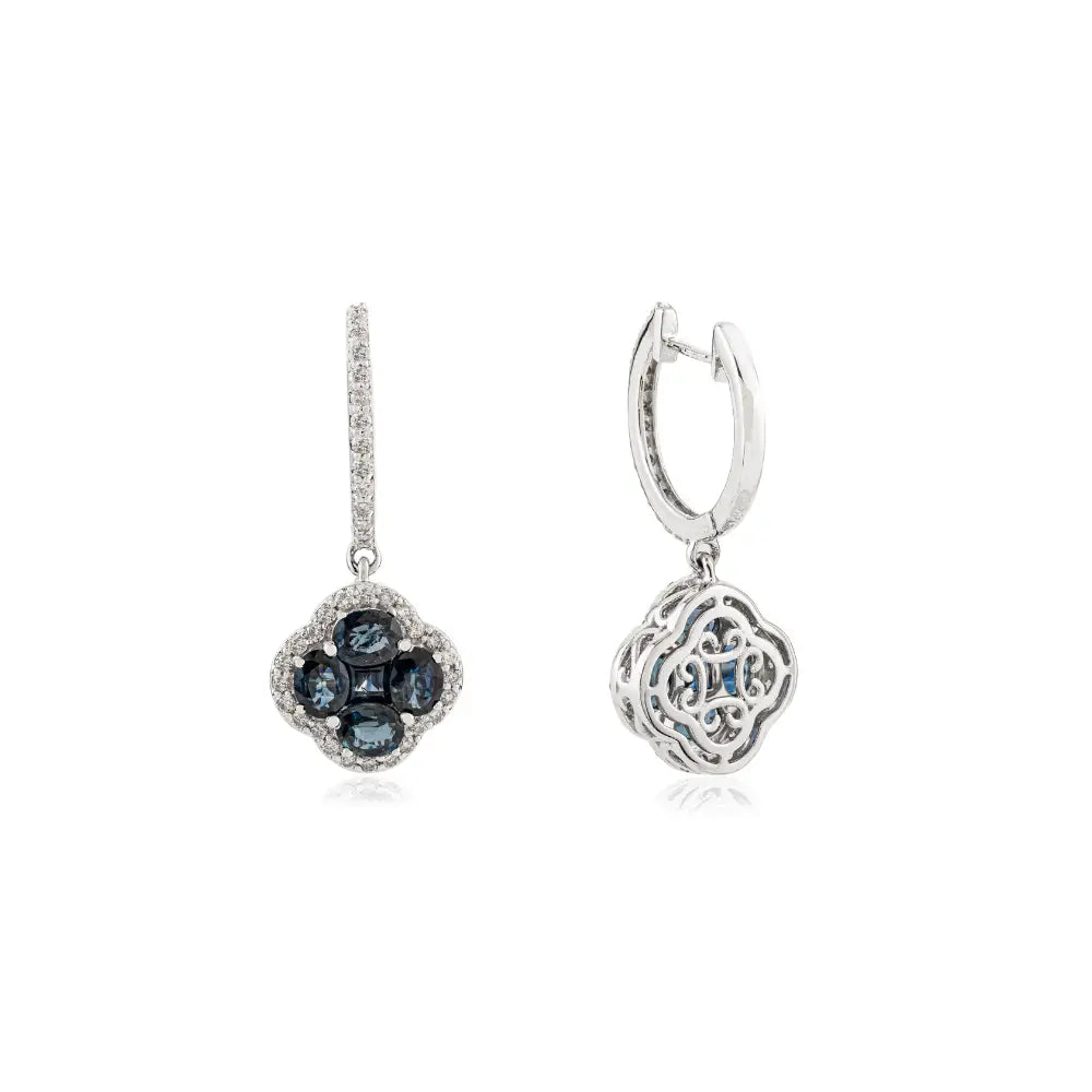 Trending K14 White Gold Blue Sapphire & Diamond Luxury Hoop Charm Clover Drop Earrings