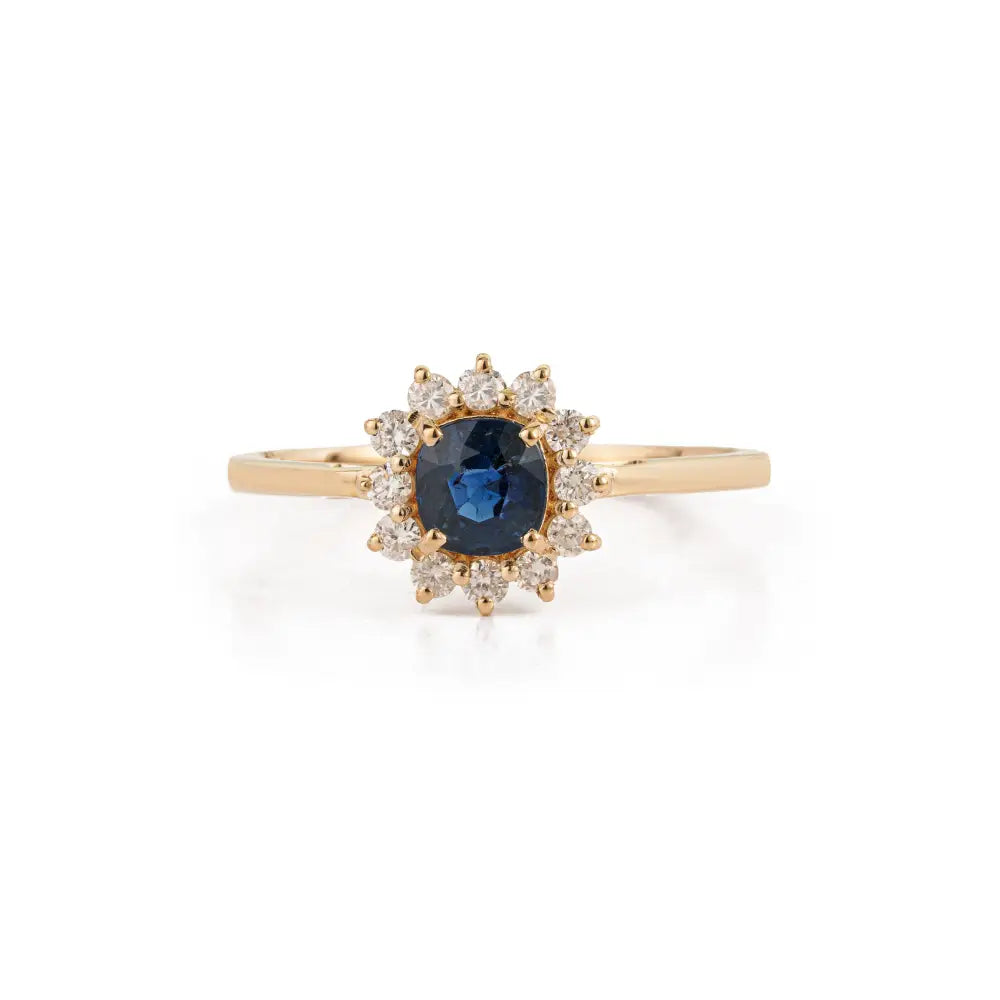 Prong Set Blue Sapphire & Diamond Solid K14 Yellow Gold Minimal Cluster Ring Fine Jewelry
