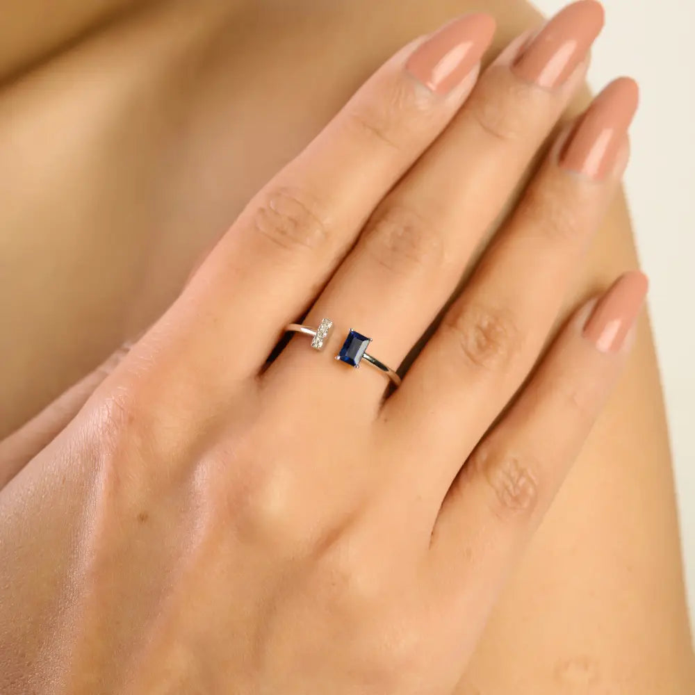 Simple Design K14 White Gold Blue Sapphire & Diamond Open Gemstone Ring Good Price Jewelry