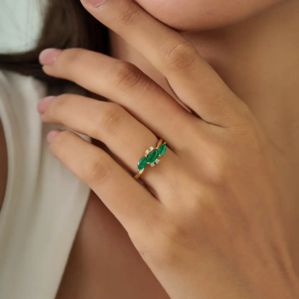 Marquise Shape Emerald & Diamond Three Stone Ring Stackable 14K Yellow Gold Jewelry