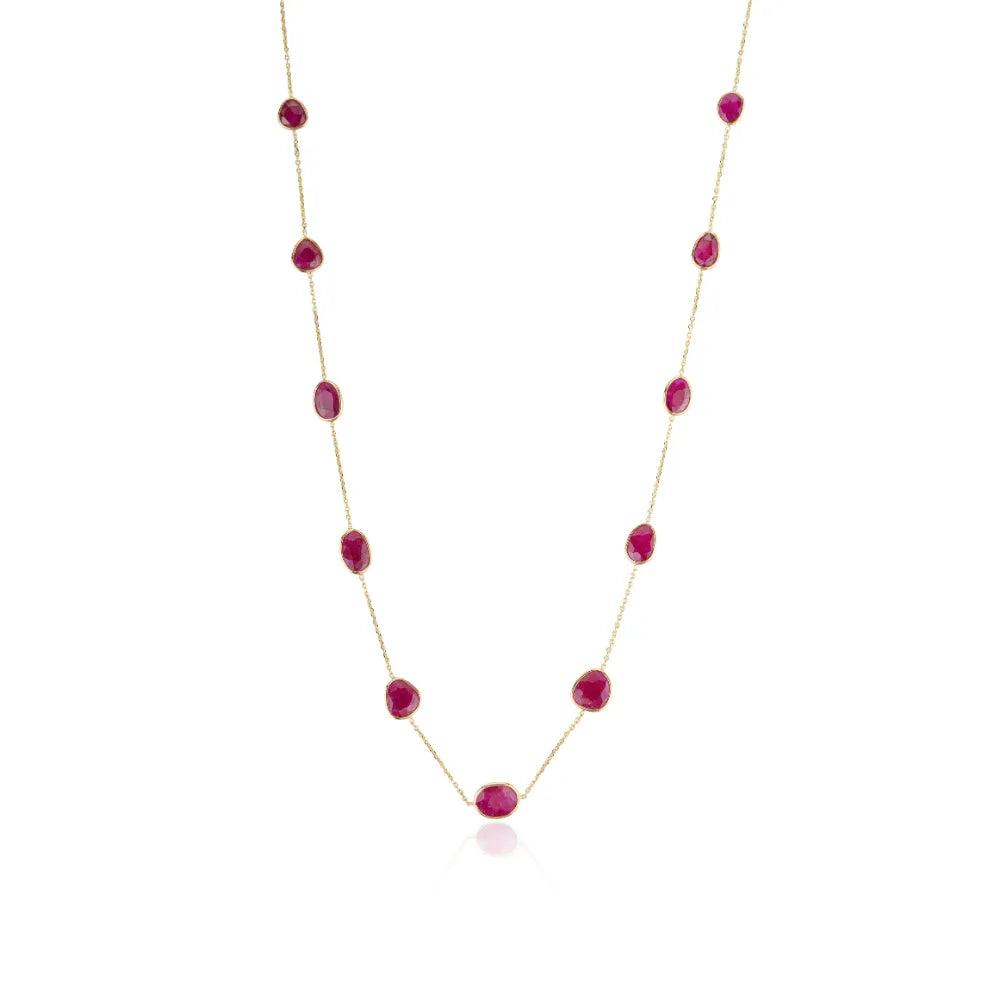 100% Natural Uneven Cut Ruby Gemstone Station Chain Necklace Wholesale 14K Yellow Gold Bulk Jewelry