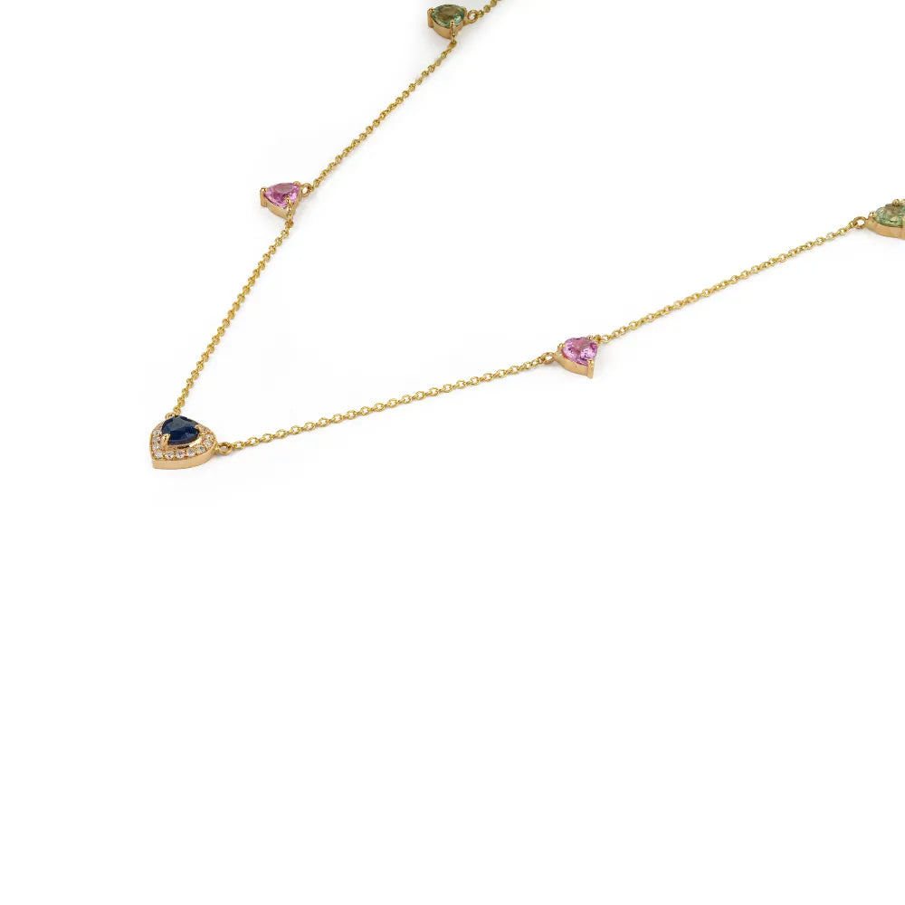 Heart Shape Multi Sapphire & Diamond Elegant Charm Necklace Real K14 Yellow Gold Customized Jewelry