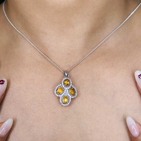 Most Beautiful Genuine Yellow Citrine & American Diamond Statement Pendant Gift For Girlfriend