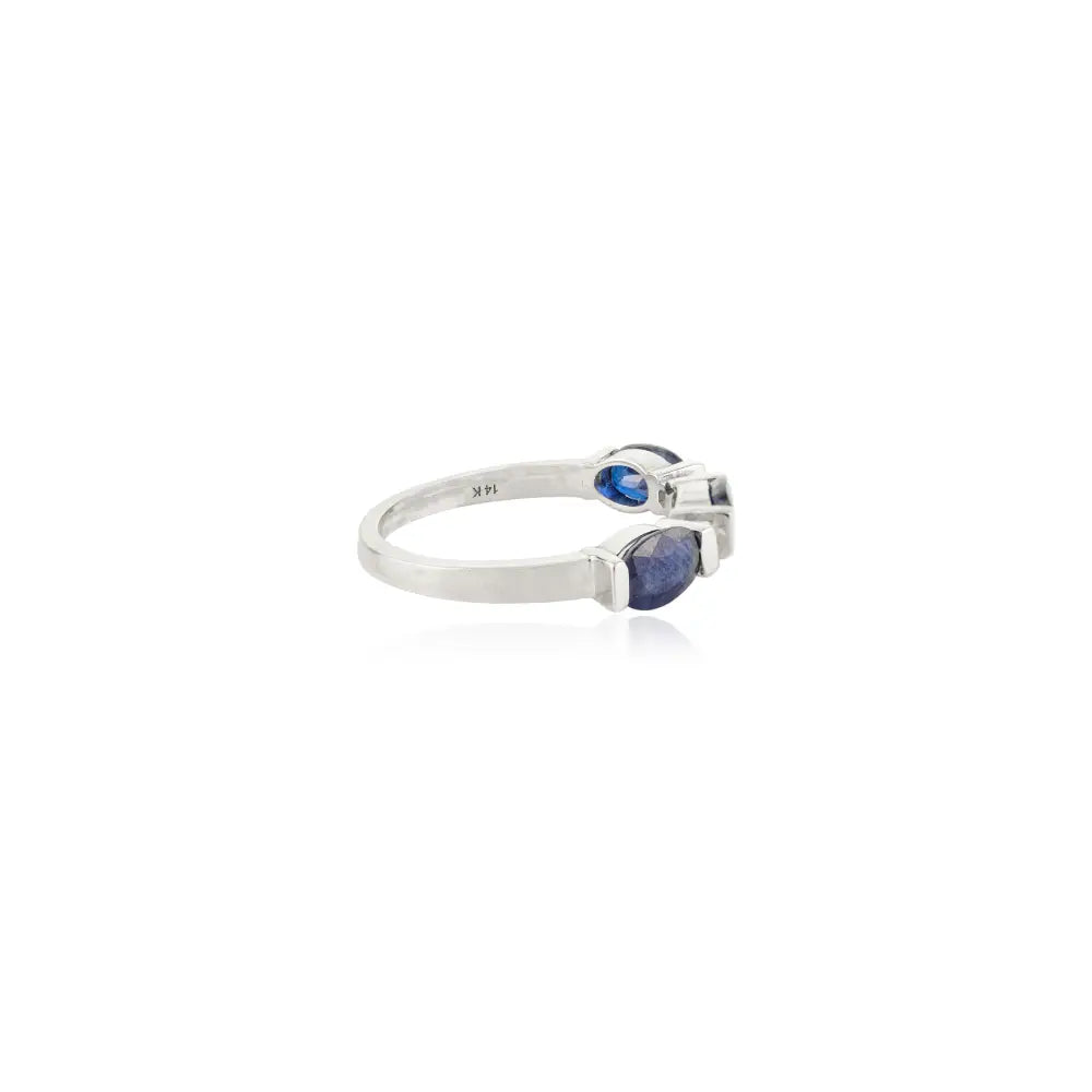 Oval Blue Sapphire & Round Diamond Three Stone Ring Real White Gold 14K Jewelry