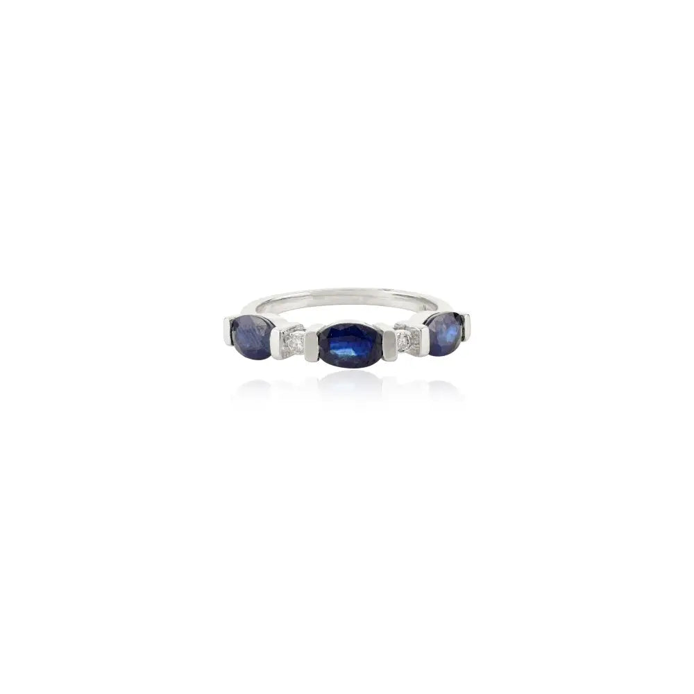 Oval Blue Sapphire & Round Diamond Three Stone Ring Real White Gold 14K Jewelry