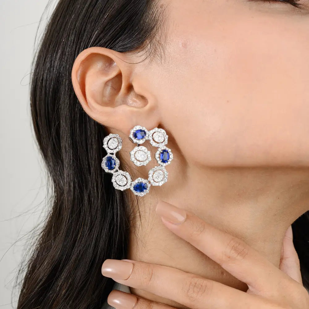 Bold Jewelry Natural Blue Kyanite & Diamond White Gold Statement Stud Earrings