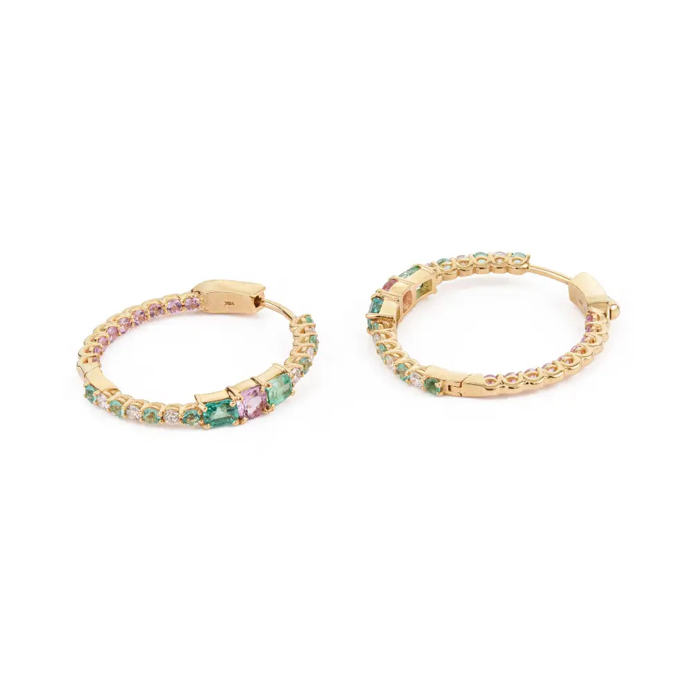 Precious Gemstone Emerald Pink Sapphire & Diamond Hoop Earrings 18K Yellow Gold Jewelry