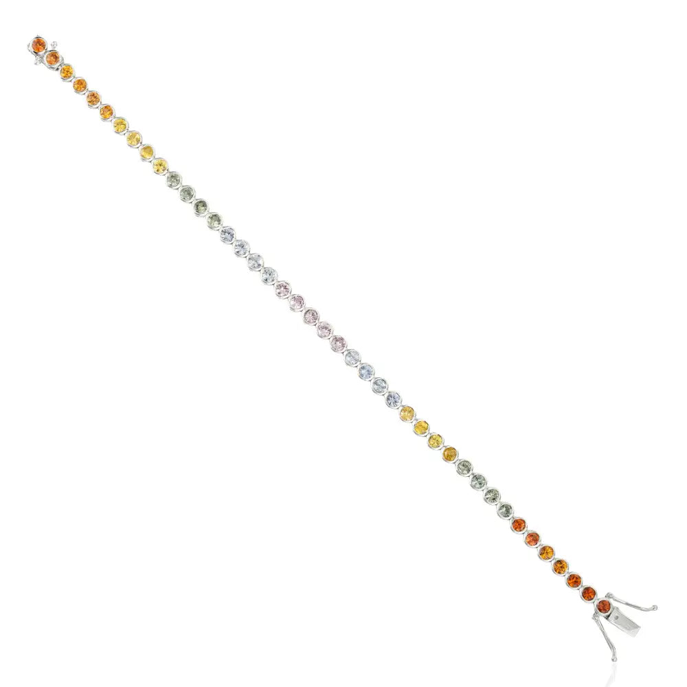 Round Cut Colorful Multi Sapphire Bezel Set Gemstone K14 White Gold Tennis Bracelet Unisex