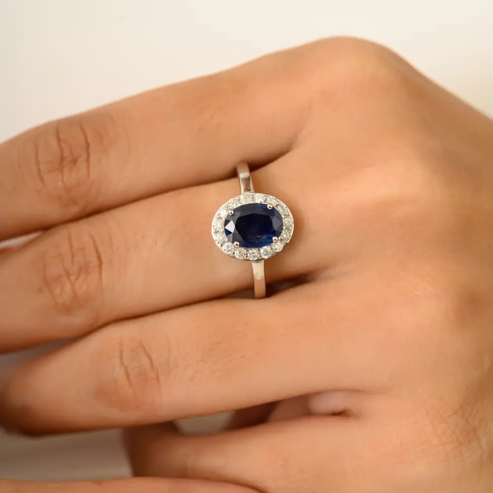 8x6 mm Oval Blue Sapphire & Diamond Halo Ring Engagement Jewelry 14K White Gold