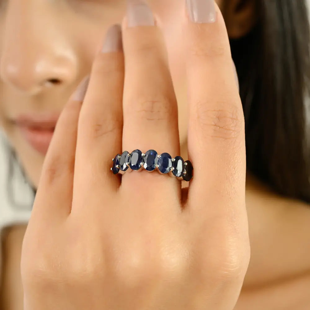Oval Cut Blue Sapphire Half Eternity Band Ring For Unisex Custom 14K Gold Everyday Jewelry