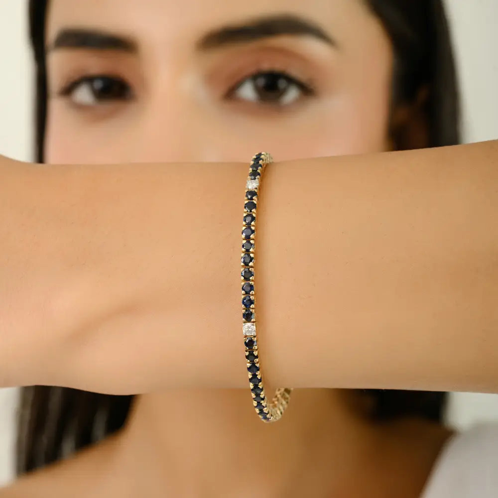 14K Pure Yellow Gold Round Cut Blue Sapphire & Diamond Tennis Bracelet Trending Jewelry