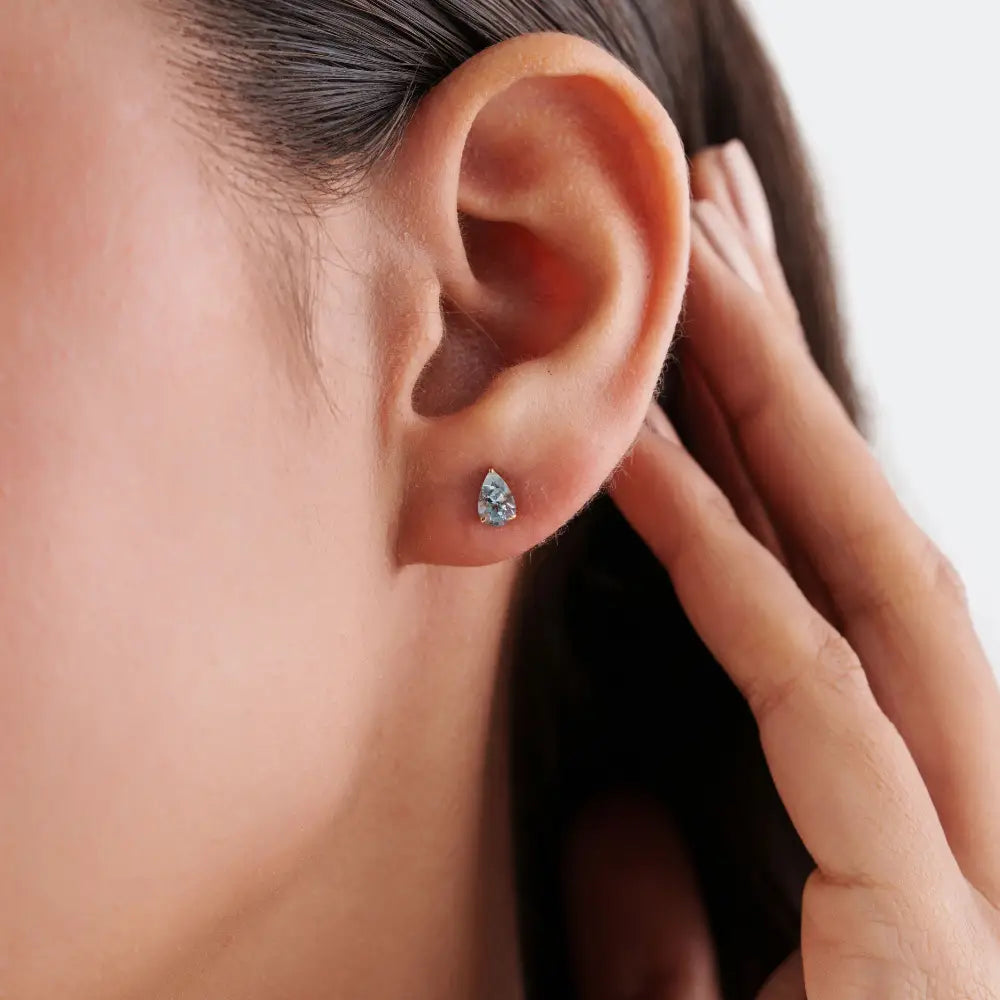 Solid 14K White Gold Pear Shape Aquamarine Gemstone Single Stone Minimal Stud Earrings