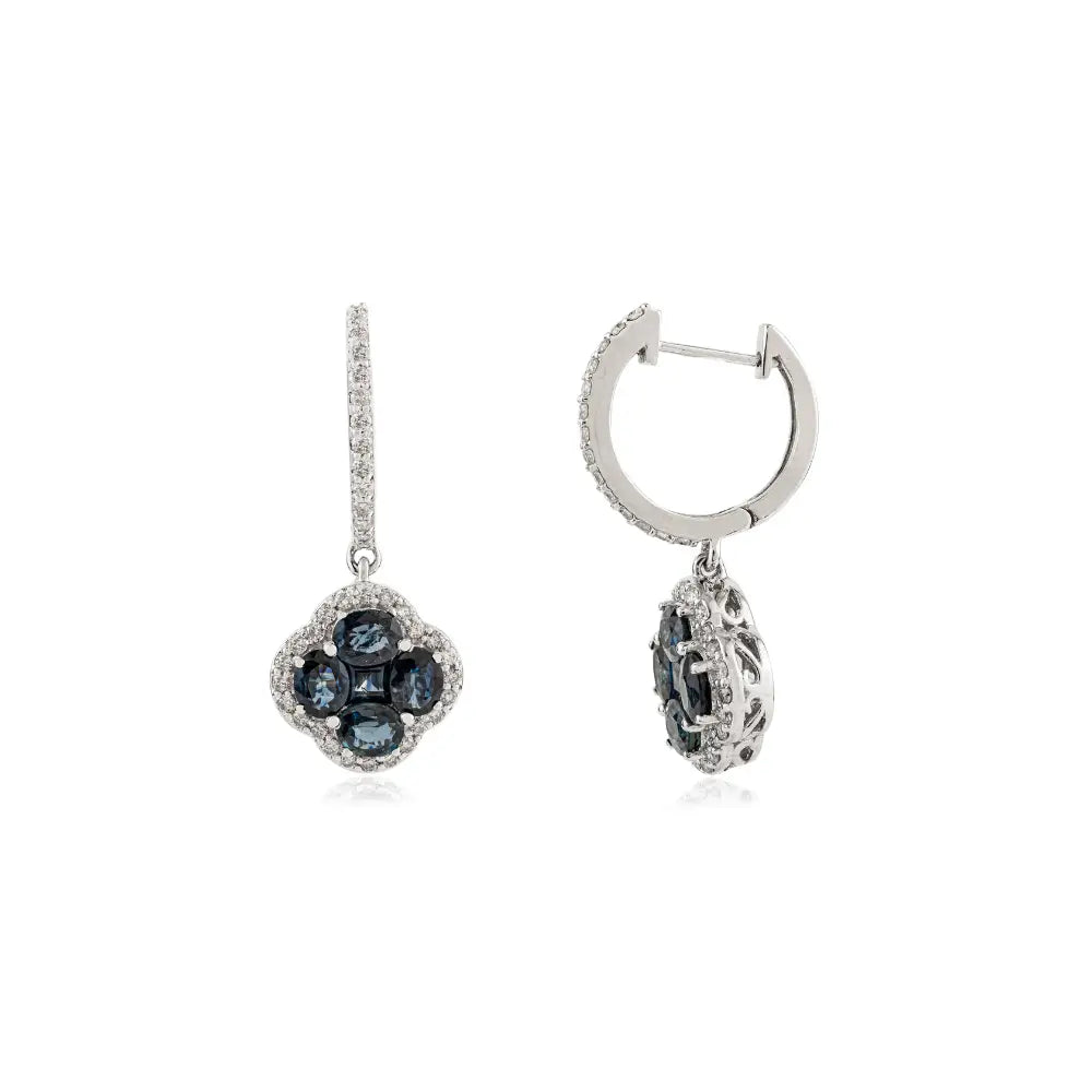Trending K14 White Gold Blue Sapphire & Diamond Luxury Hoop Charm Clover Drop Earrings