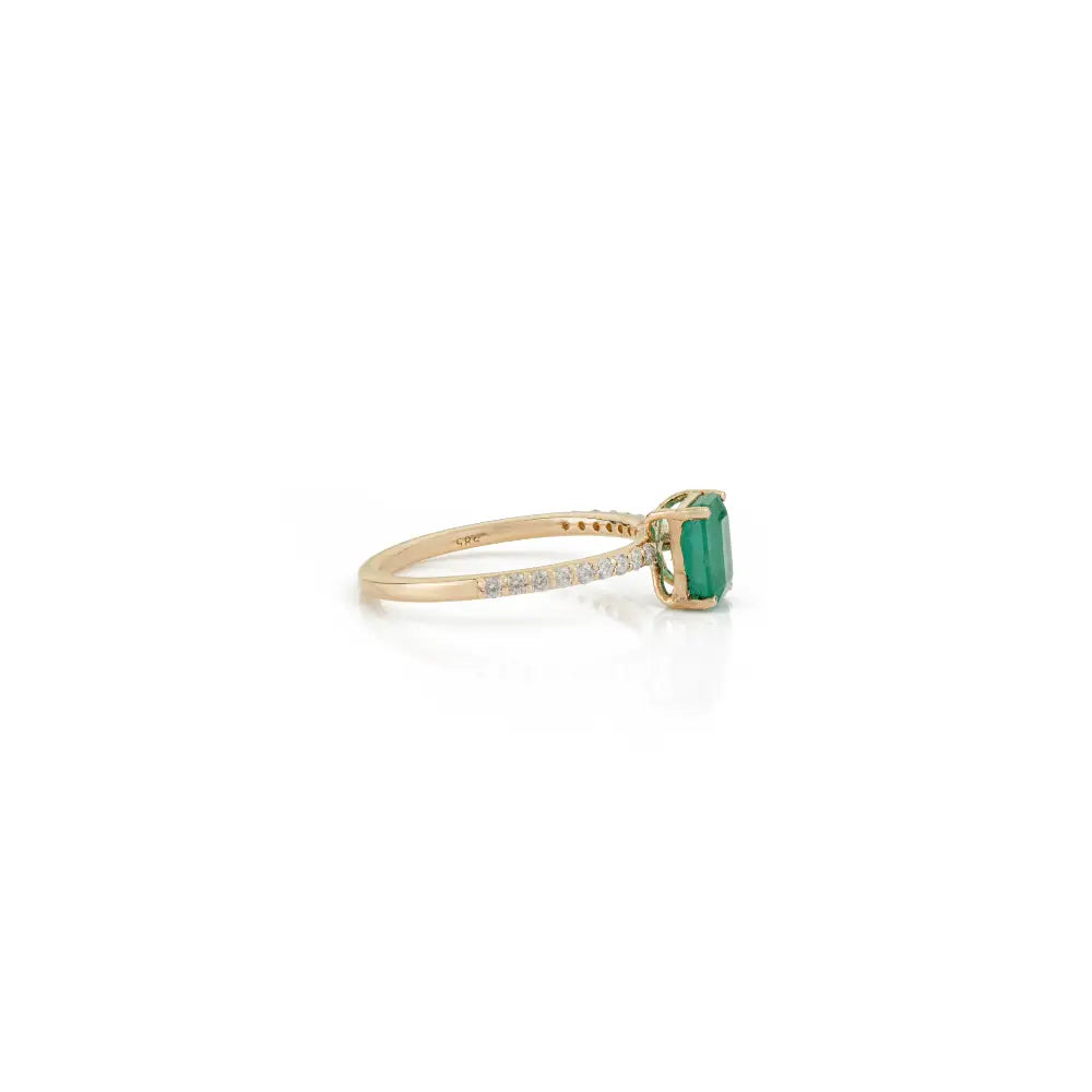 100% Natural 7x5 mm Emerald & Diamond Gemstone Ring 14K Yellow Gold Fine Jewelry
