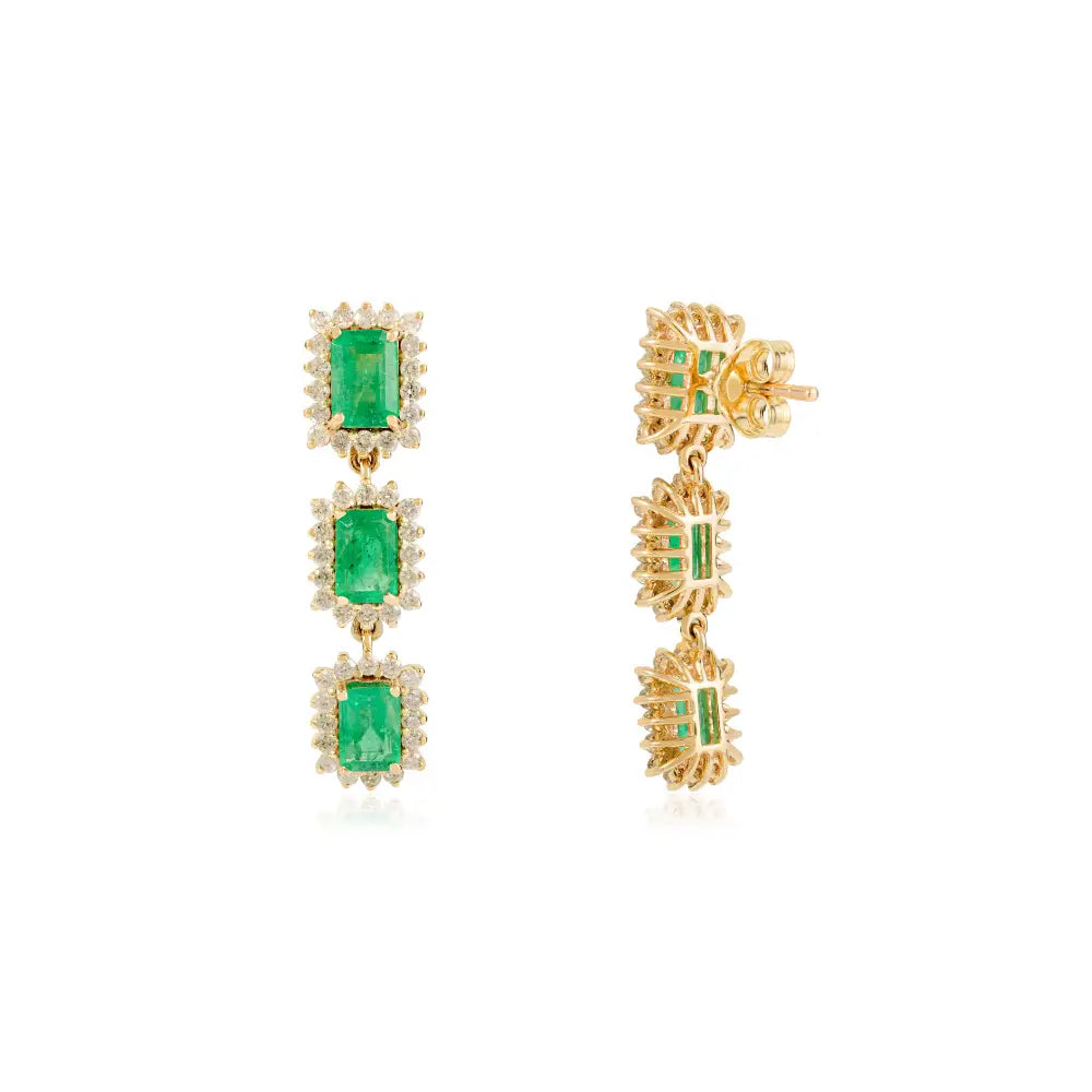 Prong Set Emerald & Diamond Cluster Dangle Earrings For Women Wedding Jewelry 14K Gold