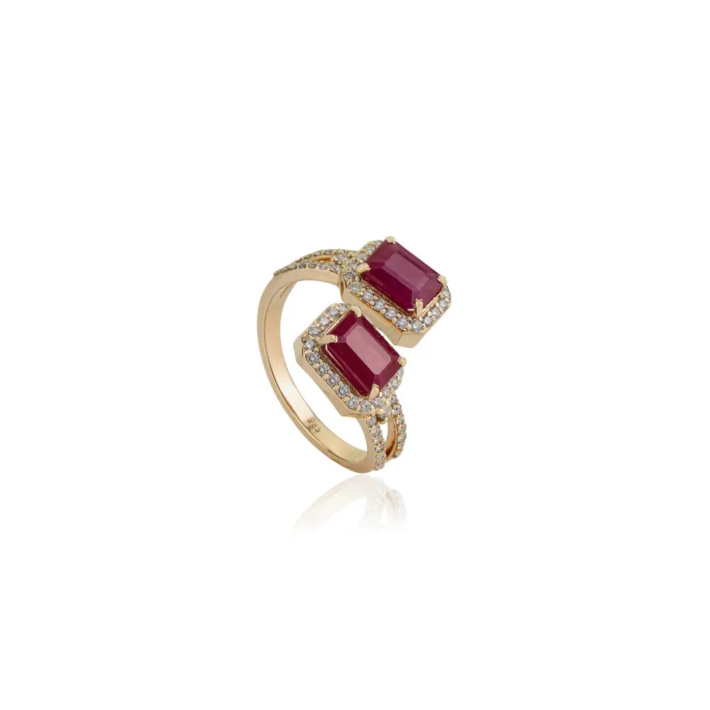 Ruby & Diamond 14K Solid Yellow Gold Fine Split Shank Halo Bypass Ring For Wedding Jewelry