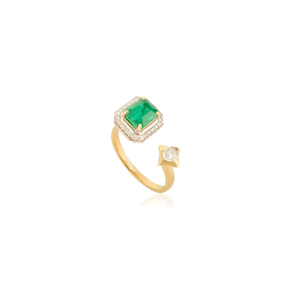 Real K18 Yellow Gold Zambian Emerald & Diamond Halo Open Ring Unique Design Jewelry